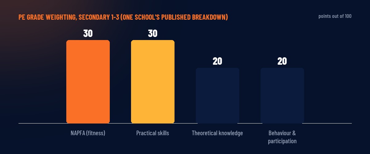 Chart: PE assessment weighting for Secondary 1-3 — NAPFA 30 points, practical skills 30 points, theoretical knowledge 20 points, behaviour and participation 20 points, out of 100 total